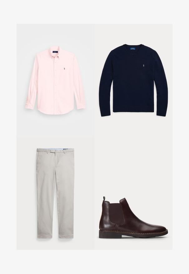 Tumesinine pikaveeline pullover ümmarguse kaelusega, soonikkoes varrukaotste ja ääristusega, väikese Polo Ralph Laureni tikitud logoga rinnal.; Heledroosa pikka varrukaga särk nööpidega kraega, millel on vasakul rinnal väike broderi logoga embleem, valmistatud siledast puuvillasegust.; Heledad helebeige puuvillased püksid sirge jala disainiga, vööloopidega, küljetaskutega ja puhta äärisega. Sile tekstuur, minimaalne detailide hulk.; Tumepruun nahast Chelsea saabas elastse külgpaneeli ja madala kannaga, esitatud profiilis valgel taustal.