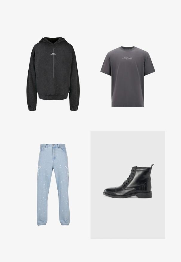 Schwarzer Baumwoll-Hoodie mit lockerer Passform, ausgestattet mit einem Frontgrafik, die in Weiß "DENK ANDERS." aufdruckt, und einer Kordelzugkapuze.; Graues Baumwoll-T-Shirt mit lockerer Passform, Rundhalsausschnitt, kurzen Ärmeln und weißem Drucklogo auf der Vorderseite und in der unteren linken Ecke.; Hellblaue Jeans aus Denim mit entspannter Passform, ausgestattet mit sternförmigen Ausschnitten, Farbspritzern und einem klassischen Fünf-Taschen-Design.; Schwarze Lederankelstiefel mit runder Zehenform, sechs Ösen Schnürdesign, strukturiertem Finish und niedrigem gestapeltem Absatz.