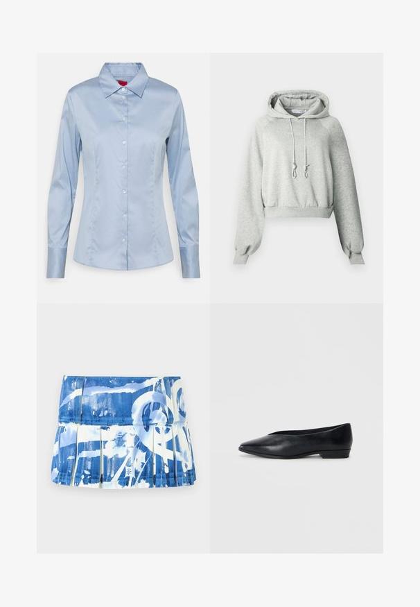 Grijze cropped hoodie van zacht materiaal, met een voorzak in kangaroestijl, capuchon met trekkoord en elastische manchetten. Geborduurd logo aan de voorkant.; Lichtblauw button-up shirt van gladde stof, met een klassieke kraag, lange mouwen en een rechte pasvorm met subtiele stikseldetails.; Blauwe en witte plissérok met verfspetters patroon, gemaakt van lichtgewicht stof met een gladde textuur en een aansluitende tailleband.; Zwart leren platte schoen met een spitse neus, iets verhoogde hak en een glad oppervlak. Eenvoudig ontwerp zonder zichtbare hardware of patronen.