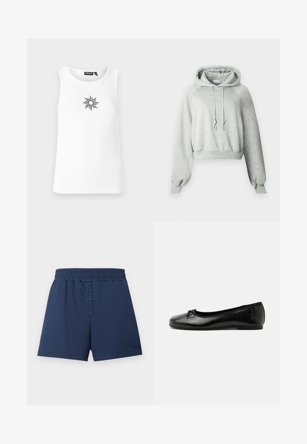 Grå cropped hoodie i blødt materiale med frontlomme, justerbar snøre ved hætten og elastiske ærmekanter. Broderet logo på forsiden.; Hvid ribbet tanktop med rund halsudskæring og en broderet solmotiv i sort på fronten. Enkel design, afslappet pasform.; Marineblå bomuldsshorts med elastisk linning og treknapslukning foran, vist på en ensartet lys baggrund.; Sort skinnende læder balletflad med lav hæl og lille dekorativ sløjfe foran, vist fra siden på ensartet lyst baggrund.