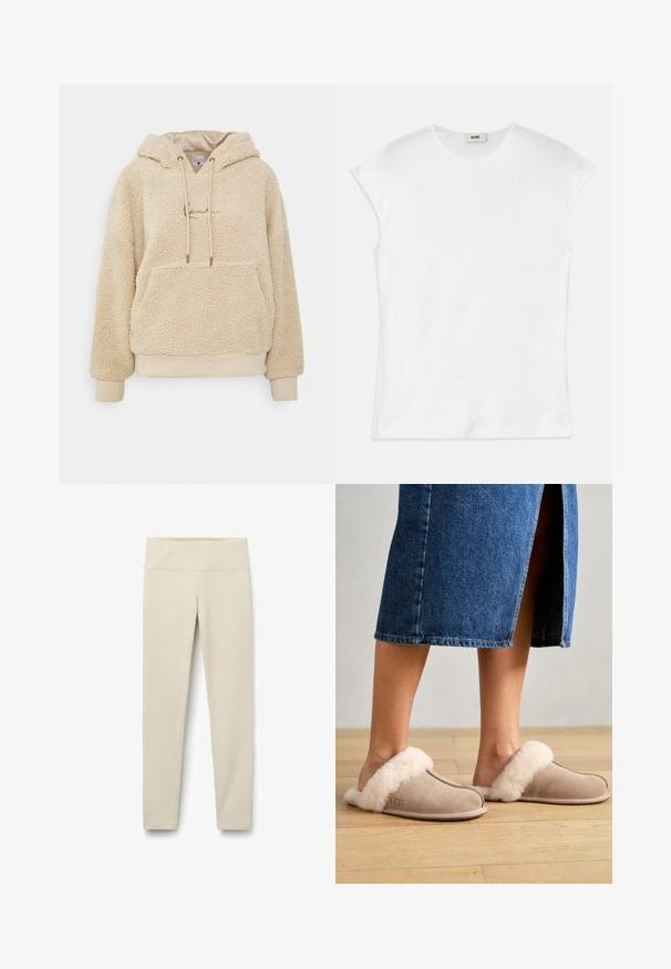 Sudadera con capucha de felpa beige, con un exterior texturizado, bolsillo frontal tipo canguro y cordones. Tejido suave con puños y dobladillo acanalados.; Camiseta blanca de manga corta hecha de algodón. Presenta un escote redondo y una textura suave y lisa con un corte relajado. Sin patrones ni acentos.; Leggings beige con una cinturilla alta y ancha, fabricados con una tela suave y elástica. Diseño de pierna recta sin costuras o patrones visibles.; UGG SCUFFETTE II - Pantuflas - sand
