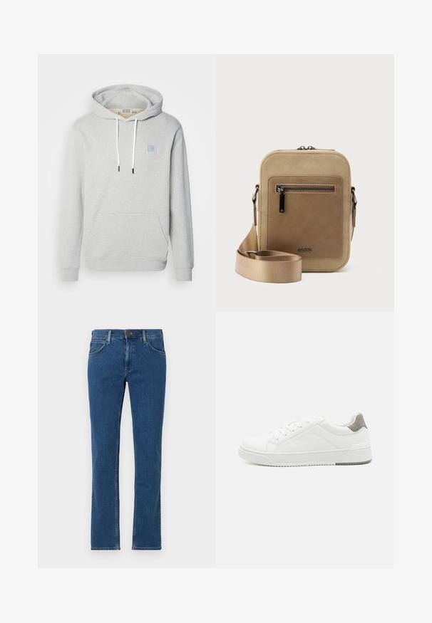 Hellgraue Kapuzenjacke aus weichem Stoff, mit einer Fronttasche, Zugbändern und einem kleinen Emblem auf der Brust.; Blaue Straight-Leg-Denim-Jeans mit vorderer Knopf- und Reißverschluss, Gürtelschlaufen und Fünf-Taschen-Design auf weißem Hintergrund.; Weißer Sneaker aus glattem Leder, runde Zehenpartie, minimalistisches Design, graue Fersenkante und strukturierte Gummisohle.; Kleine beige Umhängetasche mit vorderer Reißverschlusstasche, metallischem ALDO-Logo, verstellbarem breitem Riemen und abgerundeter rechteckiger Form vor weißem Hintergrund.
