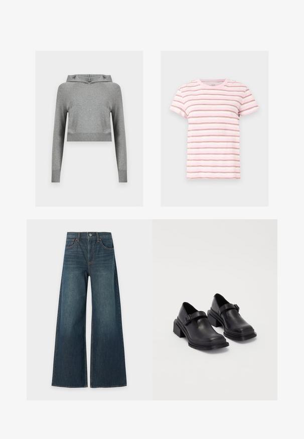 Grijze cropped gebreide hoodie met lange mouwen en geribbelde boorden en zoom, weergegeven op een effen lichte achtergrond.; Roze-witte T-shirt met korte mouwen, dunne horizontale bruine strepen, ronde hals en een casual pasvorm.; Wijde blauwe spijkerbroek met vijf zakken, knoopsluiting en zichtbare bruine stiksels, plat weergegeven op een witte achtergrond.; Zwarte leren schoenen met een ronde neus, platte zool en een band met een gespdetail. Stevige blokhak voor extra stabiliteit.