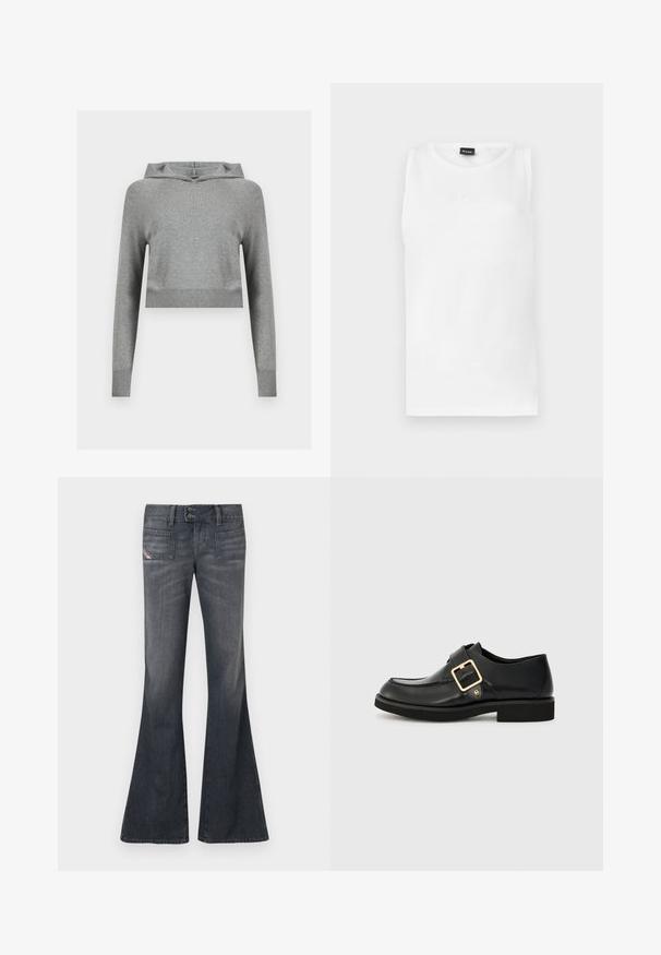 Sudadera con capucha gris recortada de punto con mangas largas y puños y dobladillo acanalados, mostrada sobre un fondo liso y claro.; Camiseta sin mangas blanca con escote redondo y pequeño logo en relieve centrado debajo del escote.; Vaqueros acampanados de color gris oscuro con cierre de doble botón, bolsillos delanteros tipo parche y sutil desgaste en los muslos y las rodillas.; Zapato de cuero negro con punta redonda, que cuenta con una hebilla dorada y una suela de goma plana. Textura suave con detalles de costura sutil.