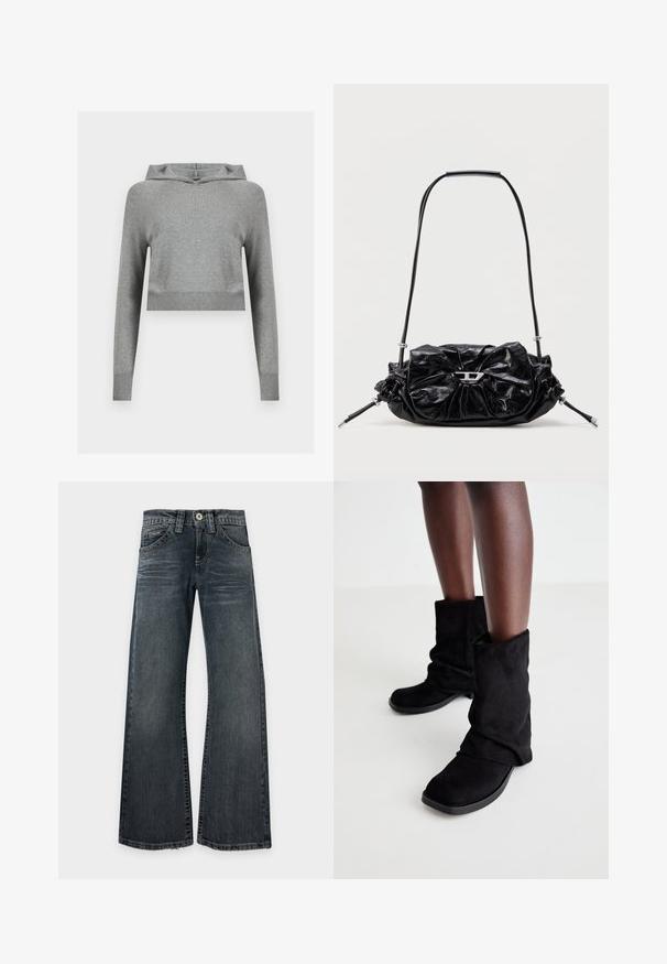 Grijze cropped gebreide hoodie met lange mouwen en geribbelde boorden en zoom, weergegeven op een effen lichte achtergrond.; Donkergewassen, wide-leg jeans met lichte vervaging op de dijen, klassiek vijfzakkenmodel en zichtbare stiksels, plat neergelegd op een witte achtergrond.; Zwarte suède enkellaarsjes met een slouchy ontwerp, met een platte zool en een vierkante neus, gepresenteerd op donkere benen tegen een lichte achtergrond.; Zwarte leren handtas met een geplooid design en een strikdetail aan de voorkant. Voorzien van een korte handgreep en zilverkleurige metalen accenten.