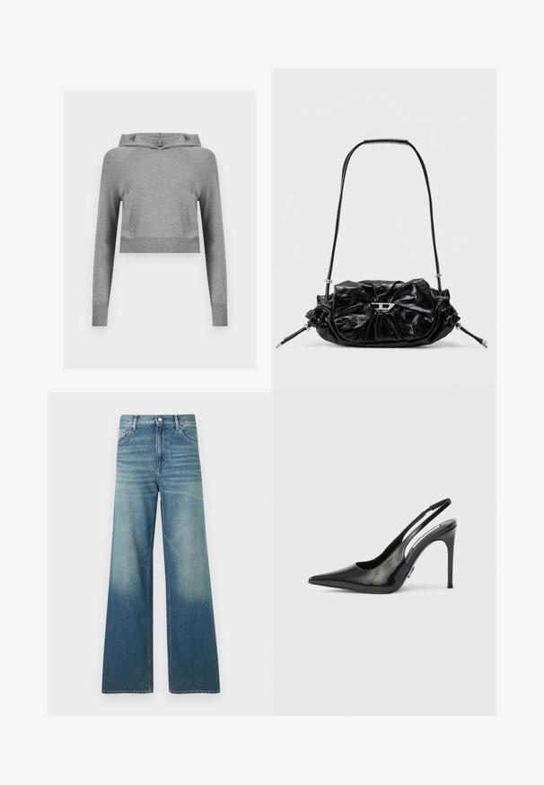 Hoodie gris en maille courte avec manches longues et poignets et ourlet côtelés, présenté sur un fond clair uni.; Jean en denim bleu taille haute avec une coupe large, poches avant, fermeture par boutons et détails délavés sur les cuisses et le bas des jambes.; Escarpin noir en cuir verni à bride arrière, talon haut, bout pointu, côtés découpés et talon fin. Finition brillante avec des détails matériels minimaux.; Sac à main en cuir noir avec un design froncé et un détail en forme de nœud sur le devant. Dispose d'une poignée courte et d'accents de quincaillerie argentée.