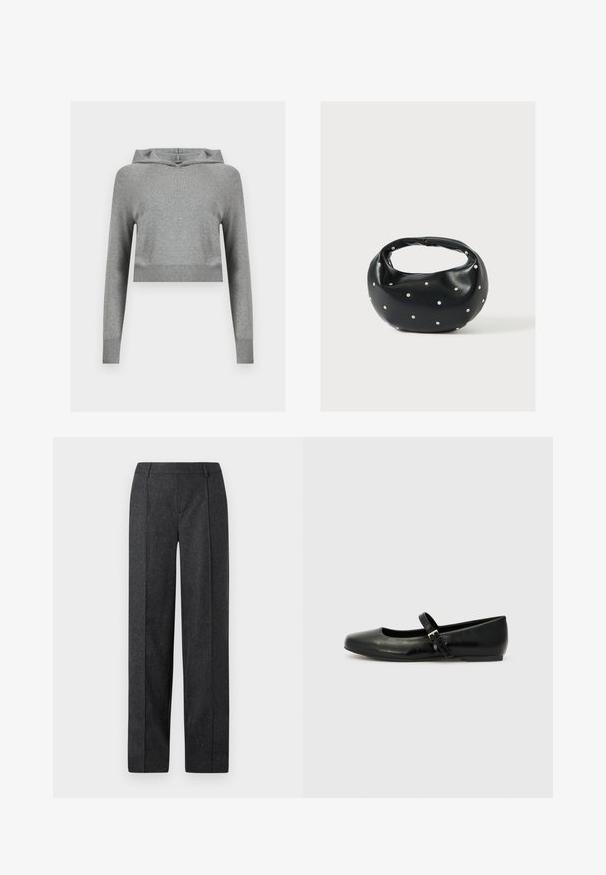 Hoodie gris en maille courte avec manches longues et poignets et ourlet côtelés, présenté sur un fond clair uni.; Pantalons ajustés gris foncé avec un design à jambes droites, en tissu texturé avec de subtiles speckles. Présente un devant plat et des passants de ceinture.; Ballerines en cuir noir avec un bout arrondi, une semelle plate et une fine sangle ajustable sur le cou-de-pied avec une boucle en métal.; Sac à main en cuir noir de forme arrondie, décoré de clous argentés et équipé d'une poignée courte. Texture lisse et fermeture éclair.