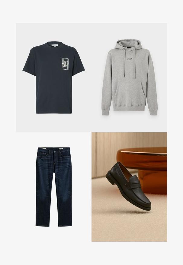 Sweat à capuche en coton gris clair avec poche kangourou devant, capuche réglable par cordon, poignets côtelés et texte "DONDUP 1999" sur la poitrine.; T-shirt bleu marine à manches courtes et col rond avec un logo rectangulaire blanc comprenant la lettre "L" sur le côté gauche de la poitrine.; Jean bleu foncé à jambes droites avec poches avant et arrière, fermeture par boutons et détails de whiskering subtils sur les cuisses.; Mocassin homme en cuir noir avec une bande sur le dessus, présenté sur un tapis beige près d'une table ronde moderne marron.