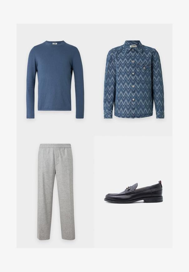 Pull bleu à manches longues en tissu doux et texturé. Il présente un col rond et une coupe ajustée avec des détails de couture minimalistes.; Chemise en denim avec un motif en chevron dans des nuances de bleu, avec un col pointu, une fermeture à boutons et une seule poche poitrine.; Pantalons en tissu texturé gris clair, avec une taille élastique. Design à jambe droite, sans poches visibles ni détails matériels.; Mocassin en cuir noir avec empeigne texturée grise, détail boucle en métal argenté, petit talon et languette à l'arrière.
