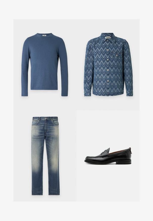 Blå langærmet sweater lavet af blødt, tekstureret stof. Har rund halsudskæring og en tætsiddende pasform med minimale syningsdetaljer.; Denimskjorte med en fiskebenmønster i nuancer af blå, med spids krave, knaplukning og en enkelt brystlomme.; Blå denim jeans med lige snit, der har en subtil forvitring og slidte detaljer foran, fem-lomme design og bæltestropper.; Sort læder herre loafer med moc-tå syning, penny strop, struktureret krave og lav stablet hæl på hvid baggrund.