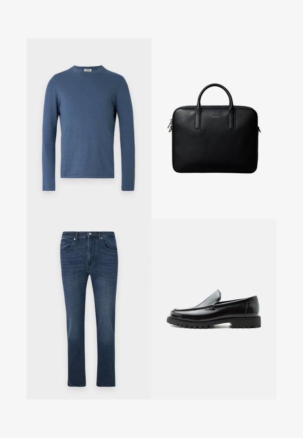 Blå langærmet sweater lavet af blødt, tekstureret stof. Har rund halsudskæring og en tætsiddende pasform med minimale syningsdetaljer.; Mørkeblå slim-fit denimjeans med front- og myntlommer, knaplukning og subtilt slid på lårene.; Sort læderloafer med chunky gummisål, syet overdel og præget mærkenavn på hælen, vist i sideprofil på hvid baggrund.; Sort tekstureret lædermappe med dobbelte håndtag og sølv lynlås, centreret på hvid baggrund.