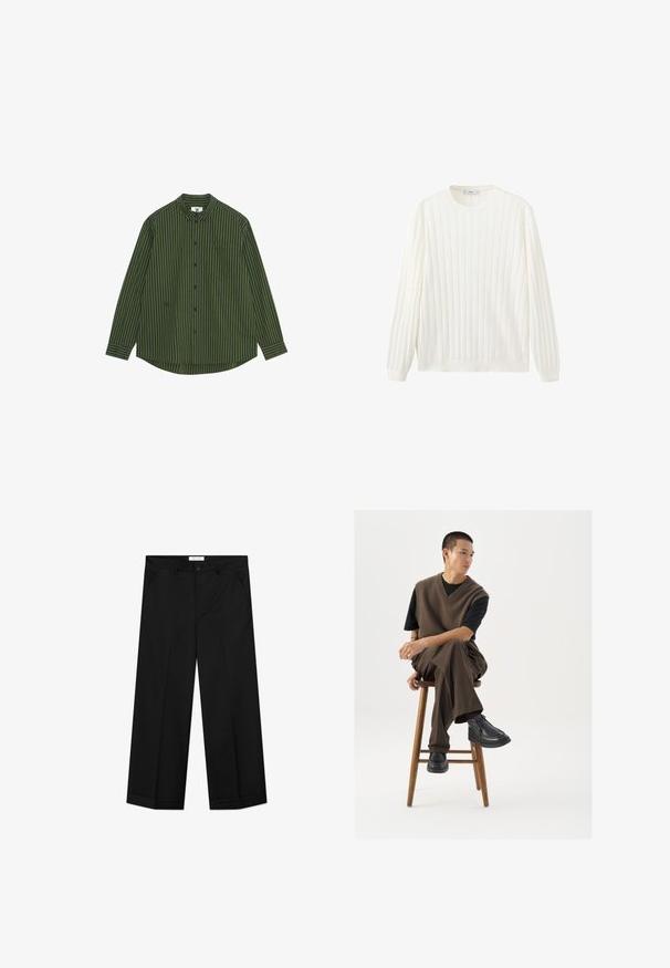 Hvid langærmet ribstrikket sweater med rund hals og tætsiddende manchetter, vist mod en ensfarvet hvid baggrund.; Langærmet skjorte i mørkegrønne og marineblå lodrette striber, med en knappet krave, lomme på venstre bryst og en buet kant.; Sorte bukser med vide ben lavet af et glat materiale, med forlommer, knaplåsning og en presset rille ned langs hvert ben.; Brun strikket vest over en sort t-shirt, parret med brune vidde bukser og sorte chunky sko, siddende på en træstub.