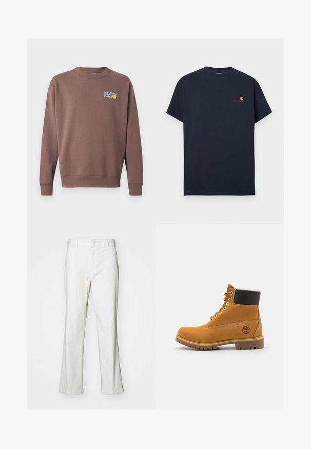 Sweatshirt en polaire marron avec col rond, poignets et taille côtelés. Présente le logo "new balance athletic shoes" en blanc et jaune sur la poitrine.; T-shirt en coton bleu marine à manches courtes et col rond. Présente un petit logo Carhartt en orange et rouge sur la poitrine gauche.; Pantalons en coton blanc avec une coupe droite, dotés d'une taille et de poches standard. Le tissu semble lisse et légèrement texturé.; Bottine en cuir brun avec œillets en métal, doublure en fourrure blanche, col rembourré noir, semelle robuste et logo en relief sur le côté.