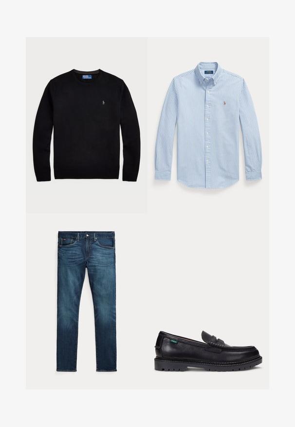 Polo Ralph Lauren LONG SLEEVE - Svetrík - black; Svetlomodrá košeľa s dlhým rukávom, biele vertikálne pruhy a malé vyšívané logo Polo Ralph Lauren na ľavej strane hrude.; Tmavomodré slim-fit rifle s predným gombíkom a zipsom, piatimi vreckami a jemným blednutím na predných stehnách a kolenách.; Čierny kožený mokasín s hrubou drsnou podrážkou a malou zelenou značkou "Polo" na vonkajšej strane pri päte.