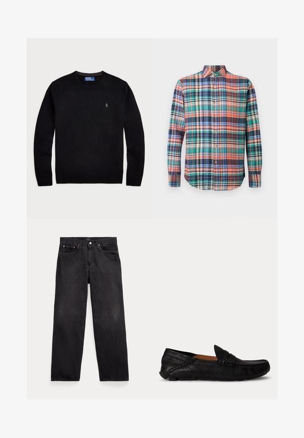 Polo Ralph Lauren LONG SLEEVE - Strickpullover - black; Langarm-Hemd mit multicolor Karomuster in Orange, Grün, Blau, Marineblau und Creme auf plain Hintergrund.; Schwarze Jeans mit geradem Bein, fünf Taschen, Knopfverschluss und sichtbaren Metallnieten an den vorderen Taschen.; Schwarzer Leder-Slipper mit abgerundeter Spitze und genähten Details an den Seiten und oben, seitlich auf weißem Hintergrund gezeigt.