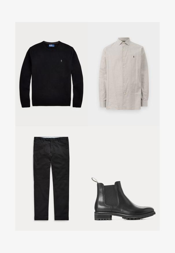 Polo Ralph Lauren WOOL CREWNECK SWEATER - Svetrík - black; Svetlošedá košeľa na gombíky vyrobená z bavlny s kockovaným vzorom, obsahujúca golier, dlhé rukávy a malé vyšívané logo na hrudi.; Čierne úzke pánske nohavice s opaskovými očkami a prednými vreckami rozložené na svetlom pozadí.; Čierna kožená Chelsea topánka s elastickými bočnými panelmi, ťahacou slučkou vzadu a ryhovanou gumovou podrážkou s nízkym podpätkom, zobrazená v profile.