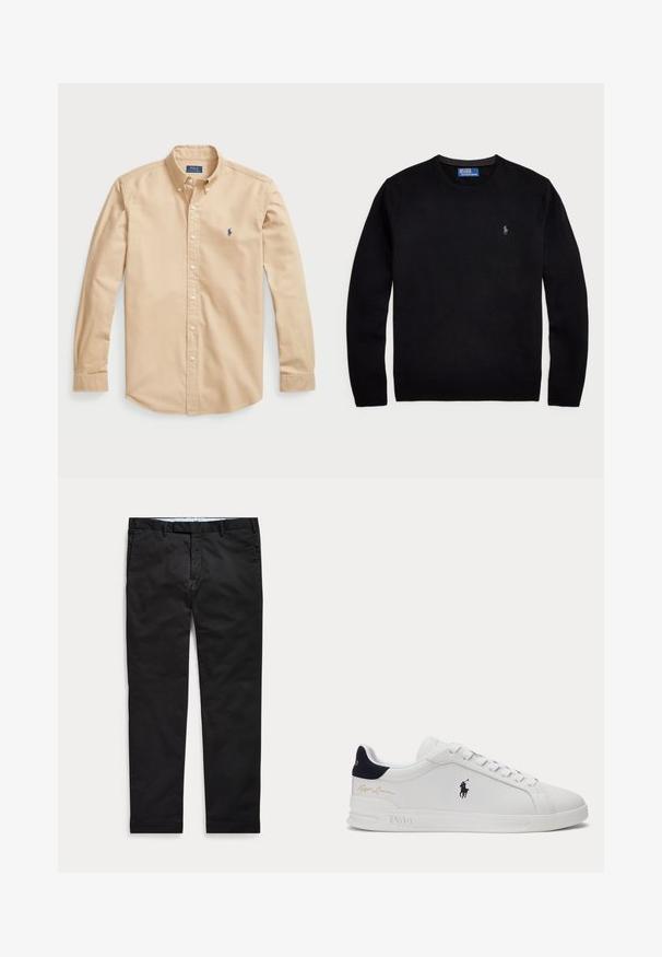 Polo Ralph Lauren LONG SLEEVE - Svetrík - black; Svetlo béžová košeľa s gombíkmi z bavlny, ktorá má klasický golier, dlhé rukávy, biele gombíky a malé modré logo na hrudi.; Čierne úzke pánske nohavice s opaskovými očkami a prednými vreckami rozložené na svetlom pozadí.; Biele nízke tenisky s čiernym logom hráča póla na boku, námornícky modrou pätovou pätkou, bielymi šnúrkami a "Ralph Lauren" zlatým podpisom blízko päty