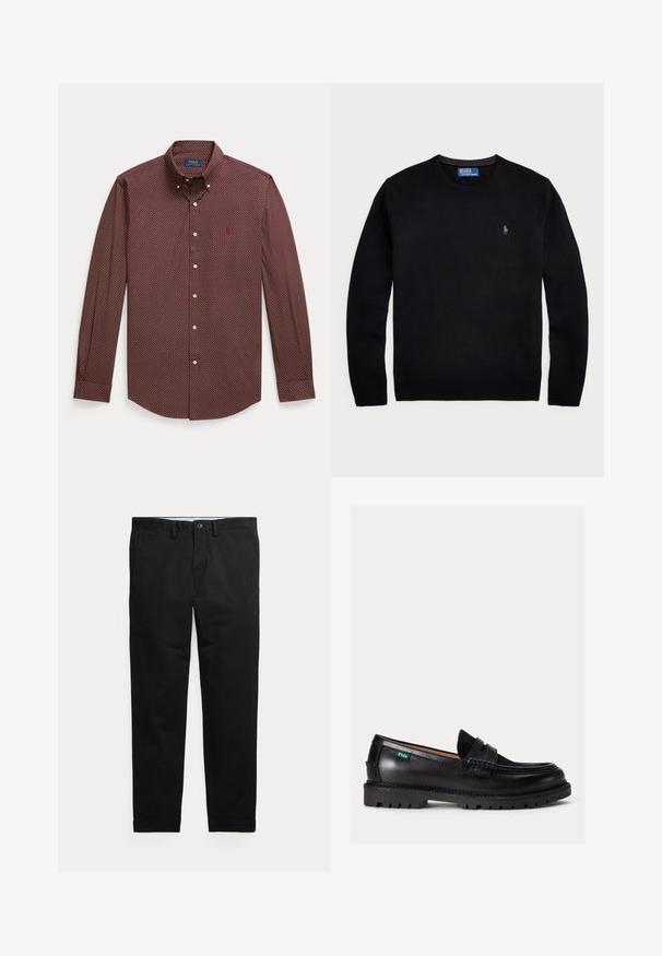 Polo Ralph Lauren LONG SLEEVE - Džemper - black; Punane ja mereväe sinine nööpidega pikkade varrukatega särk väikese geomeetrilise mustriga ja klassikalise kraega. Rinnal on väike logo.; Mustad sirgjoonelised püksid vööaasade, eesnupu ja küljetaskutega, esitatud lameda kujul heledal taustal.; Mustast nahast loafers tugeva taldiga, ümar nina ja rohelise Polo logoga sildiga külgedel.