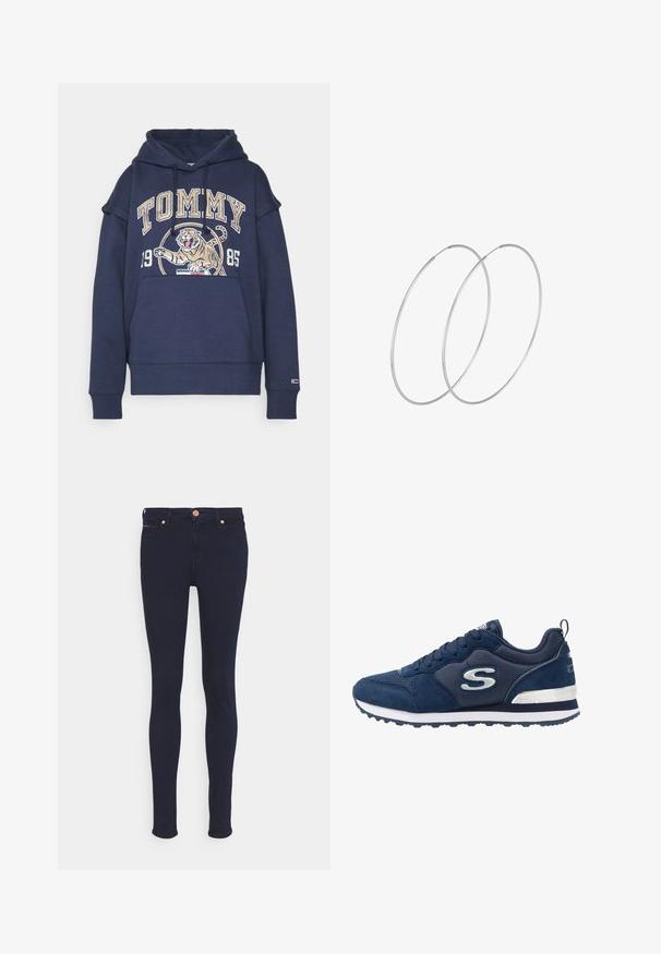 Haut de survêtement bleu marine avec une poche frontale, doté d'un grand logo "TOMMY" et d'un graphique de tigre. Fabriqué en coton, avec capuche à cordon de serrage et poignets côtelés.; Jean skinny en denim bleu foncé avec une texture lisse, doté d'une fermeture éclair, de deux poches avant et d'un petit accent rouge au bord de la poche.; Baskets de sport bleu marine en matériaux en daim et en mesh, présentant un logo argenté proéminent, une tige texturée et une semelle intermédiaire blanche.; Boucles d'oreilles en argent au design minimaliste. Forme circulaire, texture lisse et profil fin. Légères avec une finition polie.