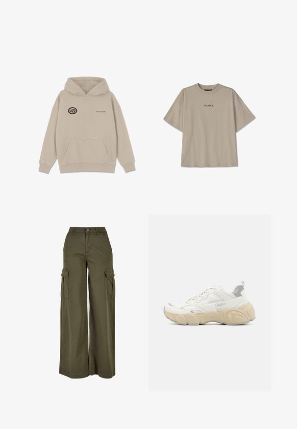 Beige hættebluse lavet af blødt materiale. Har en frontlomme, ribbede manchetter og et broderet logo-patch med tekst på brystet.; Beige bomulds t-shirt med oversized pasform, korte ærmer, rund halsudskæring og centreret sort tekst "PEGADOR." Ingen mønstre eller yderligere detaljer.; Olivengrønne bredde cargo bukser med to sidelommer, lavet af et blødt, holdbart stof. Har detaljeret syning og en knaplukning.; Hvide sneakers med mesh og glat læderoverdel, der har en polstret krave, tekstureret gummisål og diskrete metalliske accenter.
