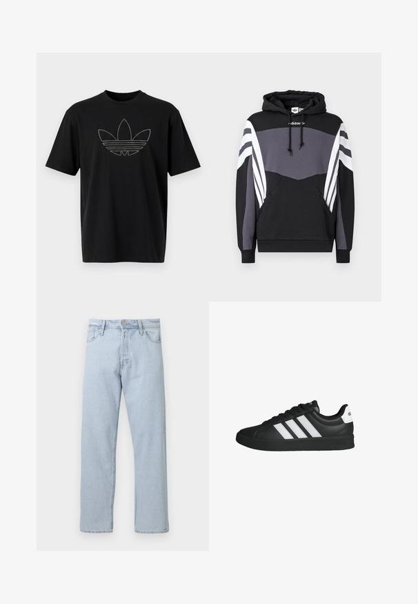 Hættetrøje lavet af sort og gråt stof med hvide detaljer. Har en lomme foran og tre striber på ærmerne. Enkel, sporty design.; Sort bomuld T-shirt med et stort, omridset Adidas-logo i reflekterende materiale med vandrette linjer på forsiden. Korte ærmer.; Lyseblå jeans med lige ben, med knap- og lynlåslukning foran, bæltestropper og forlommer på hvid baggrund.; Sort Adidas-sneaker med hvide striber, sort sål, snørredesign og hvid hælflig med Adidas-logo, vist i sideprofil.