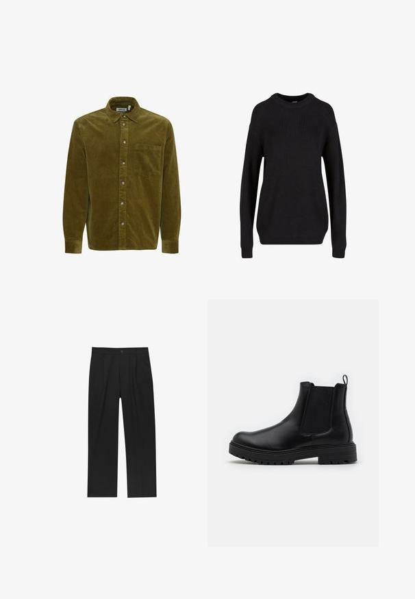 Pull en maille côtelée noir avec un col rond, des épaules tombantes et des manches longues. Texture lisse et coupe ample pour plus de confort.; Chemise en velours côtelé vert olive avec boutons, manches longues, une poche poitrine unique, col pointu et boutons visibles sur le devant.; Pantalons noirs au design droit, fabriqués à partir d'un tissu lisse. Dotés de plis sur le devant et d'une fermeture à un bouton à la taille.; Zign LEATHER - Bottines - black
