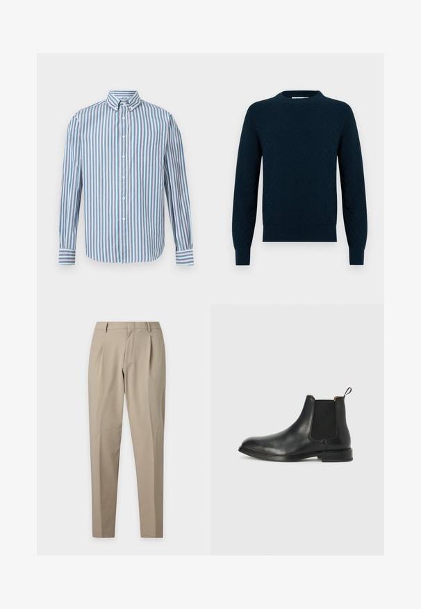 Pull tricoté en bleu marine foncé, avec un motif texturé. Col rond, manches longues, et finitions côtelées aux poignets et à l'ourlet. Matière douce avec un aspect douillet.; Chemise à manches longues avec boutons, présentant des rayures verticales bleues, blanches et rouges, et une poche poitrine, affichée sur un fond blanc uni.; Pantalon beige sur mesure avec plis, passants pour ceinture et jambes fuselées sur un fond clair uni.; Bottine Chelsea en cuir noir avec une forme épurée, des panneaux latéraux en élasthanne, une languette à l'arrière et une semelle plate. Texture lisse.