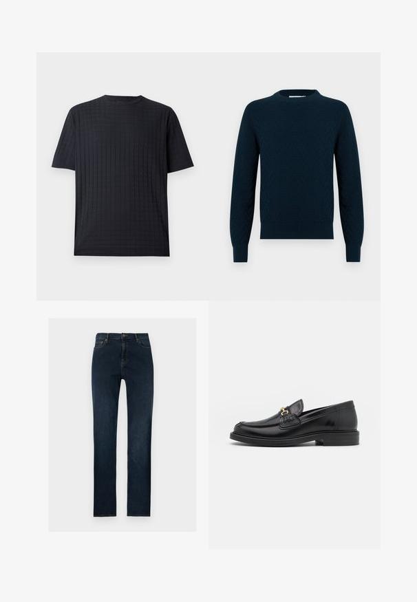 Striktrøje i mørk navy med et tekstureret mønster. Rund hals, lange ærmer samt ribbede manchetter og kant. Blødt materiale med et hyggeligt udtryk.; Sort kortærmet t-shirt med et struktureret gittermønster, rund halsudskæring og en afslappet pasform. Lavet af et blødt, let stof.; Mørkeblå denimjeans med lige ben, forrest med knap- og lynlåslukning, bæltestropper og forlommer på en ensfarvet baggrund.; Sorte læder loafers med en rund tå, der har guld hardware accent og syningsdetaljer, placeret på en lav, tekstureret gummisål.