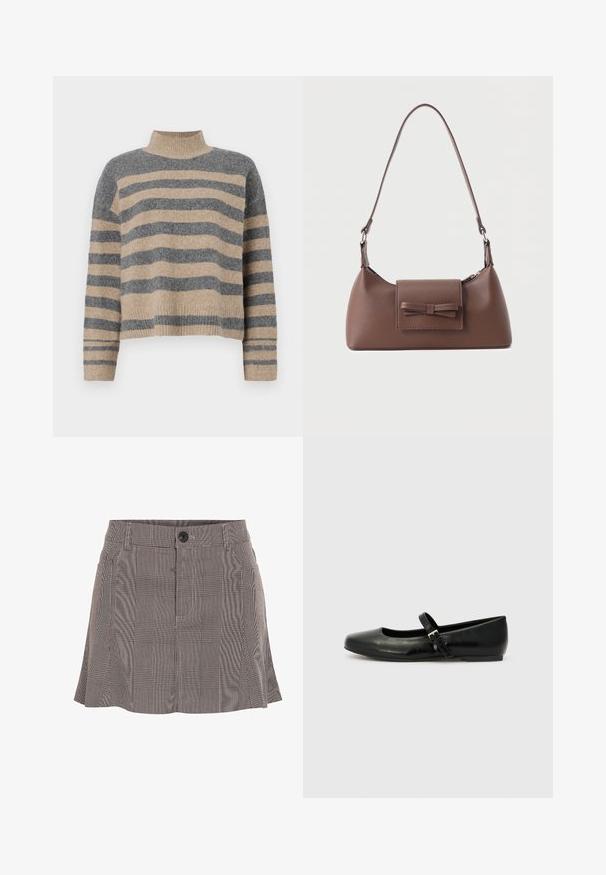 Suéter de punto a rayas en colores gris y beige, con cuello alto, mangas anchas con puños, y un corte relajado con un diseño recortado.; Falda a cuadros en blanco y negro, hecha de una tela ligera, con una cinturilla con botón y un diseño plisado para un detalle adicional.; Bailarinas de cuero negro con punta redondeada, suela plana y una delgada correa ajustable en el empeine que cuenta con una hebilla de metal.; Bolso bandolera de cuero marrón con un bolsillo frontal de solapa que presenta un detalle de moño cosido y una correa ajustable.