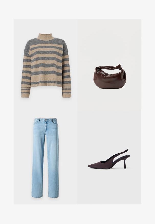 Pull en maille rayé aux couleurs grises et beiges, col haut, manches large à poignet, coupe décontractée avec un design court.; Jeans en denim bleu clair, design à jambe droite, avec cinq poches et une fermeture à bouton à l'avant. Texture lisse avec un léger délavage.; Chaussure à talon slingback en tissu violet foncé. Design à bout pointu, côtés ouverts, et talon mince de forme carrée. Texture lisse.; Sac bandoulière en cuir marron foncé avec une forme souple et décontractée et une anse nouée torsadée sur un fond blanc uni.