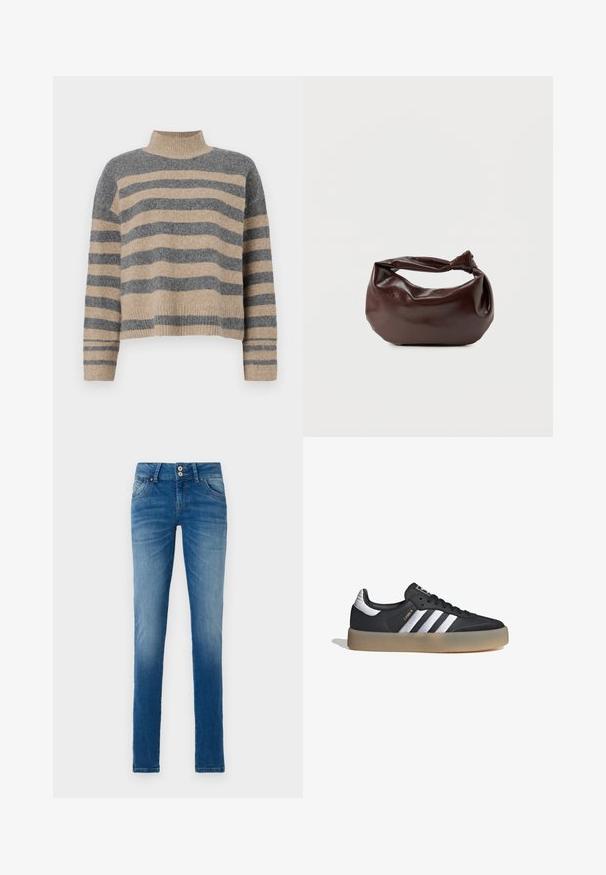 Suéter de punto a rayas en colores gris y beige, con cuello alto, mangas anchas con puños, y un corte relajado con un diseño recortado.; Vaqueros de mezclilla azul con un lavado desgastado, que cuentan con un diseño clásico de cinco bolsillos, cierre de botones y un corte recto.; Zapatilla deportiva de cuero negro con tres rayas plateadas, punta texturizada y suela de goma. Cuenta con un collar acolchado y un diseño con cordones.; Bolso de hombro de cuero marrón oscuro con una forma suave y caída, y un asa con nudo torcido sobre un fondo blanco liso.