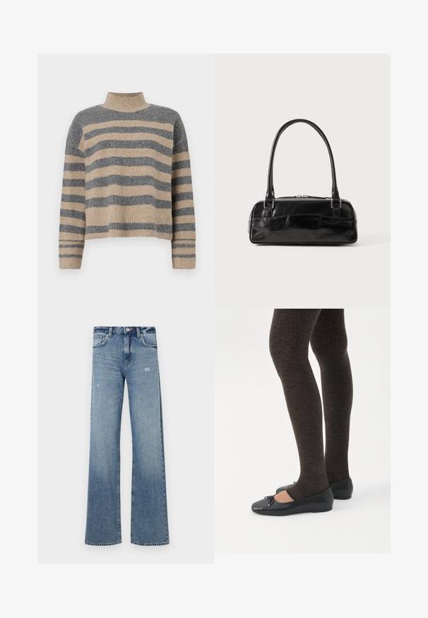 Suéter de punto a rayas en colores gris y beige, con cuello alto, mangas anchas con puños, y un corte relajado con un diseño recortado.; Jeans de mezclilla azul claro con cintura alta, diseño de pierna ancha, ligera desgastación y estructura tradicional de cinco bolsillos.; Piernas con leggings oscuros acanalados combinados con bailarinas negras que presentan pequeños detalles de lazo sobre un fondo blanco.; Bolso de mano de cuero negro con forma rectangular, equipado con un asa estructurada, herrajes en plata y cierre de cremallera. Textura suave.