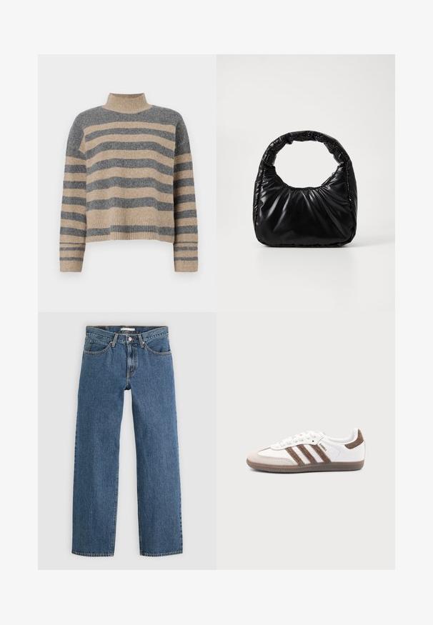 Striktrøje med striber i grå og beige farver, høj hals, brede manchetærmer og en afslappet pasform med et cropped design.; Blå denim jeans med lige pasform, der har fem lommer, knaplukning og kontrastsyninger langs sømmene.; Hvid Adidas Samba sneaker med brune ruskindstriber, brun gummisål og beige ruskindståhætte, vist fra ydersiden på en ensfarvet baggrund.; Sort polstret håndtaske med et rundt håndtag, der har en glat, skinnende overflade og en blød, kviltet tekstur. Ingen synlige hardware eller accenter.