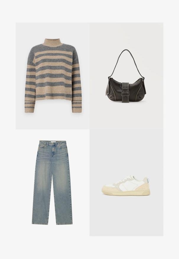 Gestreepte gebreide trui met grijze en beige kleuren, hoge hals, brede mouwen met manchetten en een relaxte pasvorm met een cropped ontwerp.; Lichtblauwe high-waist spijkerbroek met rechte pijpen, voorzakken, riemlussen en zichtbare knoop- en ritssluiting.; Witte en beige sneaker met een bovenwerk van suède en textiel, voorzien van contrasterende stiksels, een rubberen zool en een lichtblauwe accenten op de hiel.; Zwarte leren schoudertas met gespsluiting aan de riem, afgeronde hoeken en contrasterende witte stiksels op een effen achtergrond.