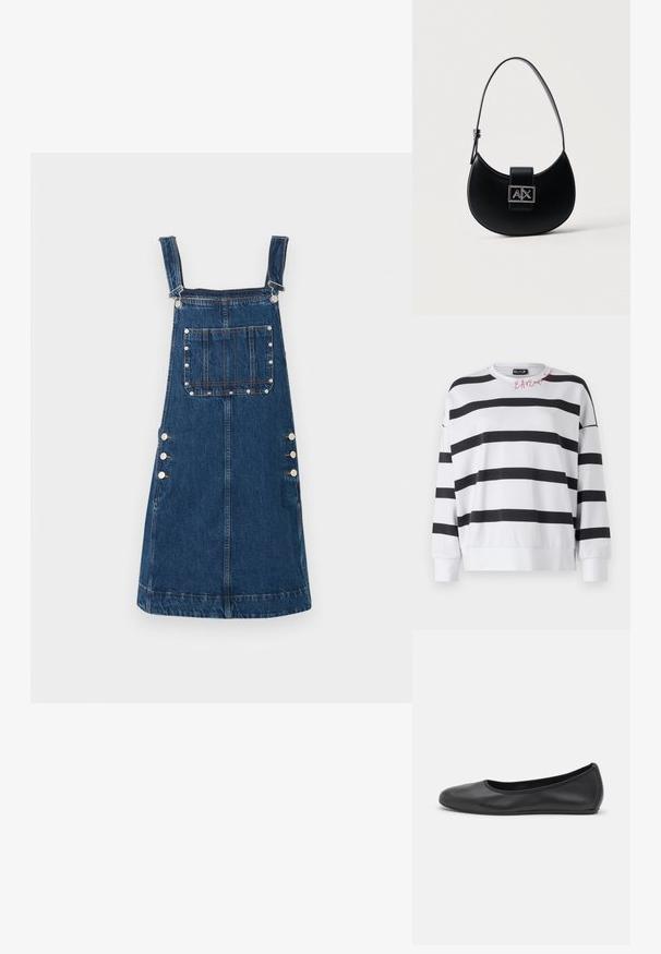 Stribet sweatshirt med hvide og sorte horisontale striber, rund hals, løs pasform og blød tekstur. Har en rød logo på skulderen.; Denim overallkjole i mørkeblå, med justerbare stropper, lommer foran og sideknapper til fastgørelse. Glat tekstur og afslappet design.; Sort læderballetsko med rund tå, glat tekstur, minimal syning og et fleksibelt såldesign.; Sort halvmåneformet taske med en enkelt justerbar rem og en sølvfarvet A|X-logo-lås på frontklappen.