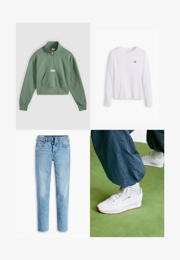 Grøn cropped sweatshirt med lynlåslukning ved halsen, lange ærmer og en for lomme. Har en hvid Levi's logo-patch på brystet.; Hvid langærmet skjorte lavet af blødt bomuld. Har et lille rødt Levi's logo på venstre bryst. Klassisk crew neck design.; Lyseblå denimbukser med lige ben-design, fem lomme-styling og knaplukning. Har slidte områder og kærkomne folder for tekstur.; Hvide sneakers med en glat læderfinish, minimalistisk design, sål i gummi og et lille rødt logo på siden, parret med teksturerede blå bukser.