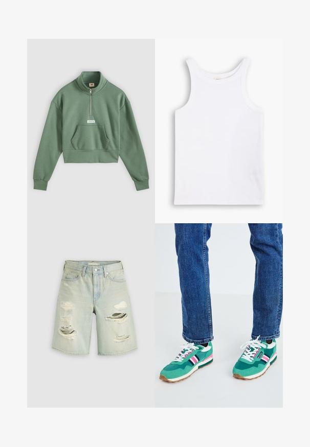 Roheline lühendatud dressipluus, millel on lukuga kõrge kaelus, pikad varrukad ja eesmine tasku. Rinnal on valge Levi'si logodega plaastriga.; Valge puuvillane tank top, laiade õlavarretrippide ja ümmarguse kaelusega, sujuva ja ribakujulise tekstuuriga. Ilma mustrite ja aktsentideta.; Hele sinised teksapüksid, millel on mitmed suured rebenemiskohad ees ja vöökoht kinnitatakse nupuga.; Roheline spordijalatsite paar valgete ja tumesiniste aktsentidega, roosa triibuga detail ja tekstureeritud kangas. Sidumisnööridega valged kinganöörid; kummitald.