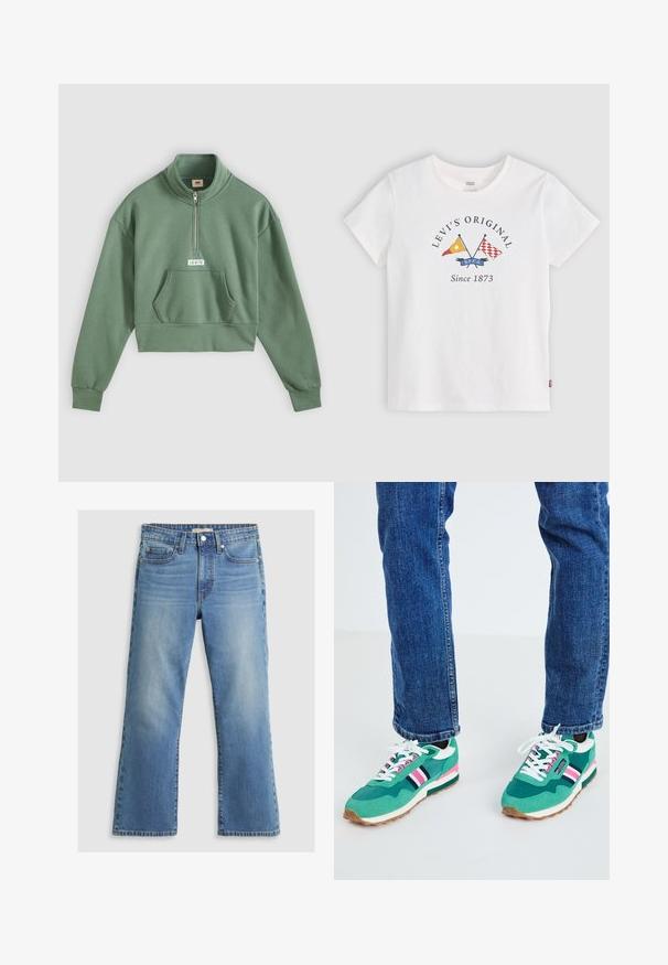 Vihreä cropped collegepaita, jossa on vetoketjullinen korkeakaulus, pitkät hihat ja etutasku. Rinnassa valkoinen Levi's-logo.; Valkoinen Levi's lyhythihainen t-paita, jossa on ristiin asetetut keltaiset ja punaiset liput ja teksti "Levi's Original Since 1873" etukeskellä.; Vaaleansininen farkkuhousuissa on suora lahje, viisi taskua, vyölenkit ja haalistunut pinta. Ominaisuuksiin kuuluu klassinen napitus.; Vihreät urheilukengät, joissa on valkoisia ja laivaston sinisiä yksityiskohtia, vaaleanpunaiset raidat ja teksturoitu kangas. Valkoisilla kengännauhoilla varustetut; kumipohja.
