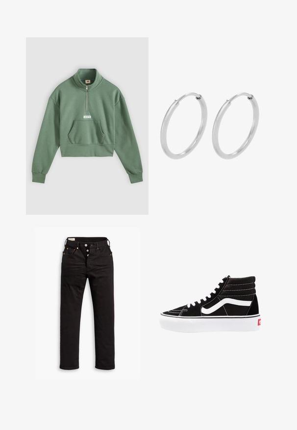Grünes kurzes Sweatshirt mit einem Reißverschluss am Stehkragen, langen Ärmeln und einer Fronttasche. Auf der Brust befindet sich ein weißes Levi's-Logo-Patch.; Schwarze Straight-Leg-Jeans mit Knopfverschluss, Vorder- und Gesäßtaschen sowie Kupfennieten auf einem weißen Hintergrund.; Schwarze High-Top-Sneaker mit weißen Schnürsenkeln, einem weißen Logo und kontrastierendem weißen Nähten. Verfügt über eine dicke weiße Sohle und ein strukturiertes Wildleder-Obermaterial.; Silberne Creolen, kreisförmig, mit glatter, glänzender Oberfläche und gleichbleibender Breite. Minimalistisches Design ohne zusätzliche Akzente.