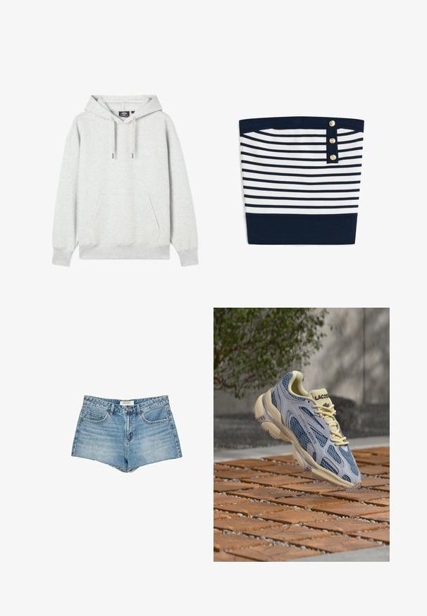 Grauer Kapuzenpullover aus weichem Stoff mit einer Vorderseite-Tasche, Kordelzug an der Kapuze und einem kleinen auf der Brust aufgestickten Logo.; Marineblauer und weiß gestreifter Röhrenrock mit horizontalen Streifen, marineblauem Bund und Saum sowie drei goldenen Knöpfen an der Seite.; Jeansshorts, hellblau, hochgeschnitten, Fünf-Taschen-Design, ausgefranster Saum, standardmäßiger Knopfverschluss, Logotag am Bund.; Blaue und cremefarbene Lacoste-Sneaker mit gemustertem Mesh schweben über einer hölzernen Blockoberfläche im Freien vor unscharfem Grün und Betonhintergrund.