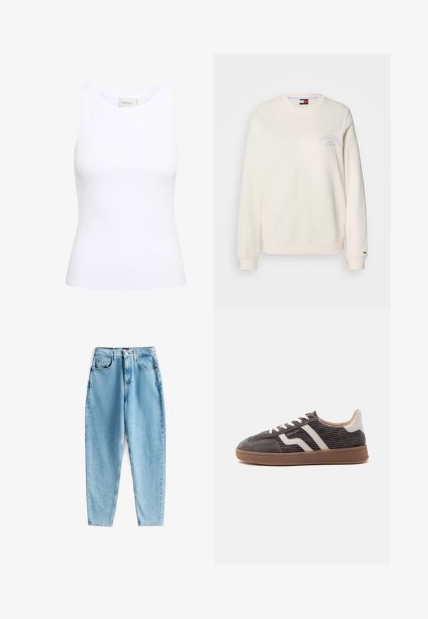 Κρέμα χρώματος φούτερ με στρογγυλή λαιμόκοψη, μακριά μανίκια και μικρό μωβ λογότυπο στο στήθος. Μαλακή υφή υφάσματος με ριμπ ύφανση στις μανσέτες.; Λευκό ριμπ αγαπημένο μπλουζάκι με στρογγυλή λαιμόκοψη και χωρίς μανίκια. Ελαστικό ύφασμα και εφαρμοστή σχεδίαση. Οι ετικέτες στο πίσω μέρος αναγράφουν "GESTUZ."; Ανοιχτό μπλε τζιν ψηλόμεσο με ελαφρώς ξεθωριασμένο φινίρισμα. Διαθέτει πέντε τσέπες και κούμπωμα με κουμπί στη μέση.; Μοναδικό αθλητικό παπούτσι σε σκούρο γκρι με λευκές δερμάτινες λεπτομέρειες, υφές στα πλαϊνά, λευκά κορδόνια και καφέ λαστιχένια σόλα, σε προφίλ πάνω σε απλό φόντο.