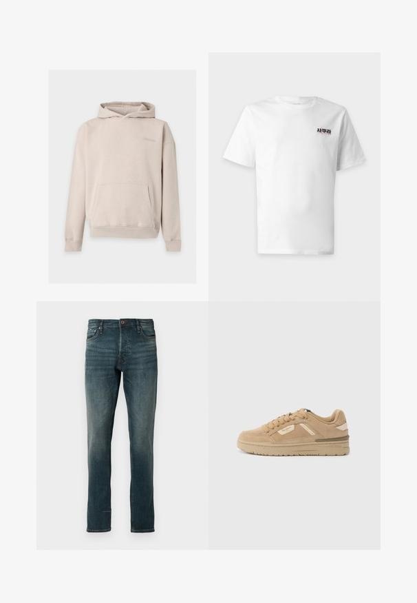 Lyse beige hættetrøje med frontlomme og subtil broderet brandnavn på venstre brystområde, vist på en ensfarvet baggrund.; Hvid T-shirt med korte ærmer med lille sort og pink tekstdesign på venstre brystområde.; Mørkeblå slim-fit jeans med fem lommer og knaplukning, vist mod en ensfarvet hvid baggrund.; Tanfarvede ruskindssneakers med rund tå, snørelukning foran og polstret krave. Har en tekstureret mellemsål og diskrete brandingdetaljer på siden.