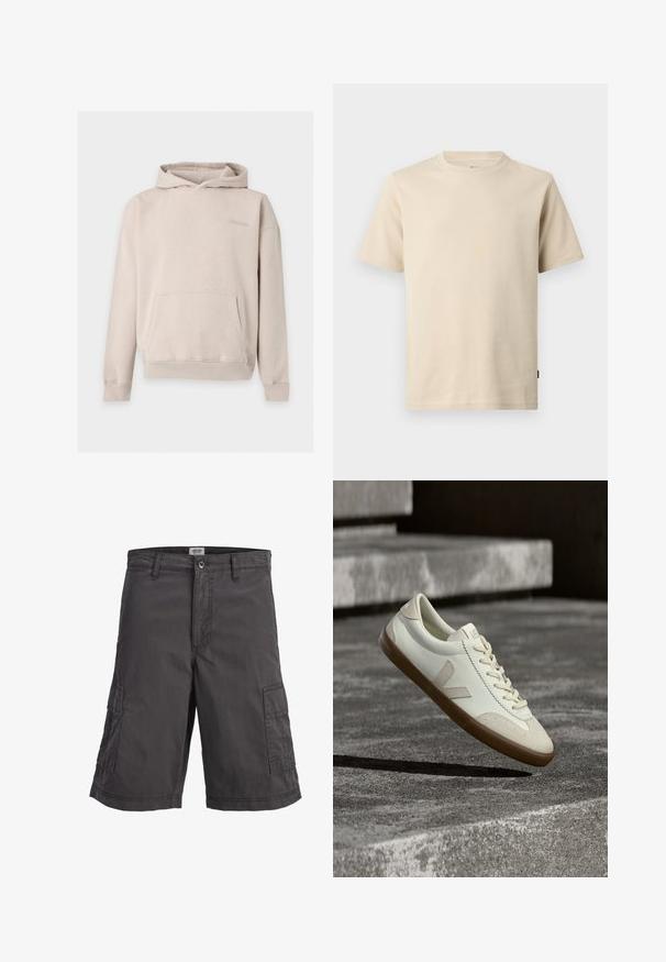 Sweat à capuche beige clair avec poche avant et nom de marque brodé discrètement sur la partie gauche de la poitrine, présenté sur un fond uni.; T-shirt beige à manches courtes et col rond en coton avec couture minimale et petit logo ton sur ton sur le côté gauche de la poitrine.; Short cargo gris foncé avec poches latérales, fermeture à bouton, passants de ceinture et coutures apparentes sur fond blanc.; Baskets en cuir blanc avec semelle en caoutchouc beige, lacets plats et accent en forme de V sur le côté. Présentent une surface lisse et peu de détails de couture.