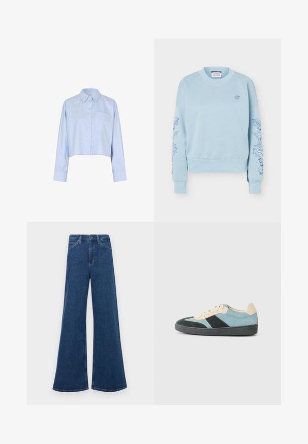 Sudadera azul claro con cuello redondo, bordado floral en ambas mangas y un pequeño logo bordado en el pecho izquierdo.; Camisa cropped de botones en azul claro con mangas largas, cuello de punta y un bolsillo en el pecho.; Pantalones vaqueros acampanados de mezclilla azul con cintura alta, que cuentan con cinco bolsillos, un cierre de botón y costuras contrastantes en las costuras.; Zapatilla baja en azul claro, verde oscuro y ante beige con suela negra y cordones beige, mostrada desde el lado exterior.