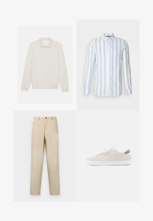 Roomkleurige polo met lange mouwen van zacht materiaal. Heeft een klassieke kraag, een drie-knopen sluiting en geribbelde manchetten.; Lichtblauw en wit gestreepte langemouwen shirt van linnen, met een knoopsluiting aan de voorkant en een enkele borstzak.; Beige broek gemaakt van lichte stof, met een rechte pijp, enkele plooien aan de voorkant en een knoopsluiting bij de taille.; Lichtroze suède sneaker met witte rubberen zool, voorzien van een gestikt ontwerp en een klein logodetail aan de zijkant en achterkant van de hiel.