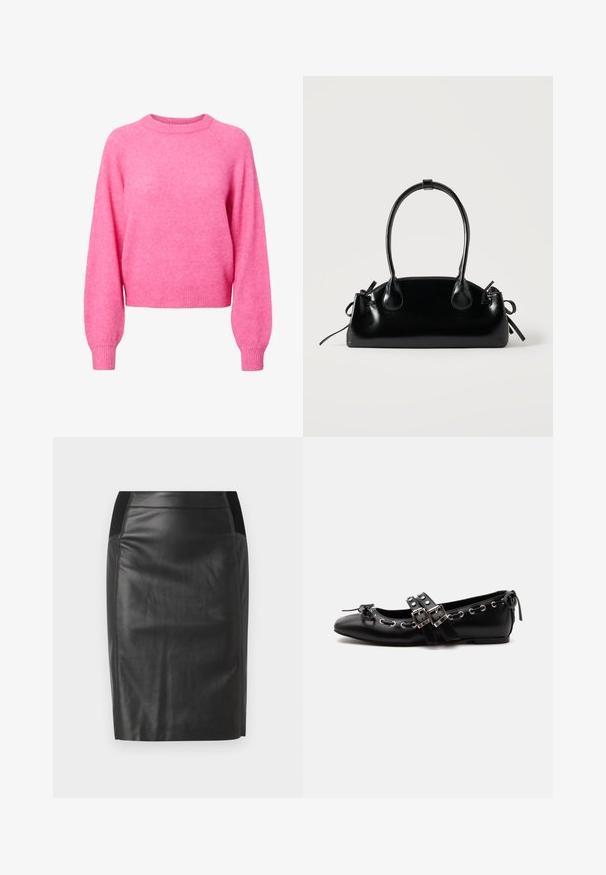 Helles pinkes Langarm-Crewneck-Sweatshirt mit gerippten Bündchen und Saum, aus weichem, flauschigem Strickstoff.; Schwarzer Leder-Bleistiftrock mit einer taillierten Passform, glatter Textur und elastischen Taillenbund-Akzenten an beiden Seiten. Flacher Saum am unteren Ende.; Schwarzer flacher Ballettschuh mit doppelten Schnallenriemen, silbernen Ösen und einer kleinen Schleife nahe der abgerundeten Spitze auf weißem Hintergrund.; Kleine schwarze glänzende Handtasche mit zwei langen Griffen und seitlichen Kordelzug-Details vor einfachem hellem Hintergrund.
