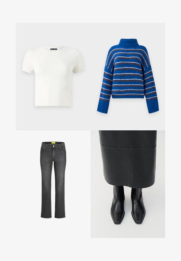 Jersey de cuello alto azul con rayas horizontales marrones, blancas y azul claro, de mangas largas y puños acanalados.; Camiseta blanca de manga corta fabricada con un material suave. Presenta un clásico diseño de cuello redondo y un ajuste slim, sin patrones ni acentos visibles.; Jeans de denim gris oscuro con diseño de pierna recta, estilo de cinco bolsillos y etiqueta de marca amarilla en la cinturilla. Cierre de botón metálico.; Botas altas de cuero negro con diseño de punta cuadrada y cremallera lateral. Textura suave y hardware minimalista; combinadas con una falda de cuero negro.