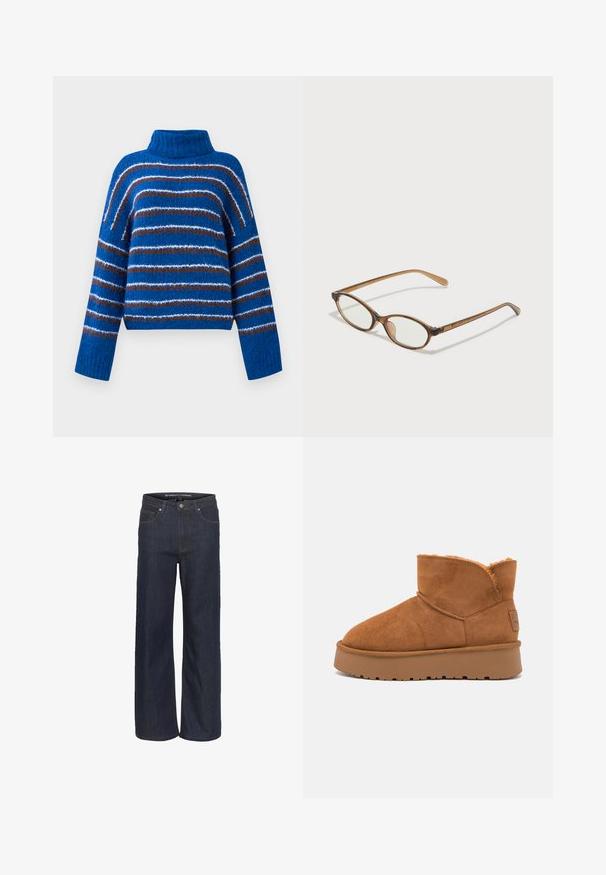 Pull à col roulé bleu avec des rayures horizontales marron, blanches et bleu clair, manches longues et poignets côtelés.; Jean large en denim foncé avec une taille haute, comportant cinq poches, une couture contrastante et un ourlet brut en bas.; Bottine en suède marron avec une douce doublure en fourrure, bout arrondi et semelle en caoutchouc épaisse et texturée. Comprend des coutures surpiquées et une étiquette de marque.; Lunettes en écaille de tortue marron avec des verres ovales, des branches fines et des accents transparents. Présente un logo subtil sur la branche. Design élégant et léger.
