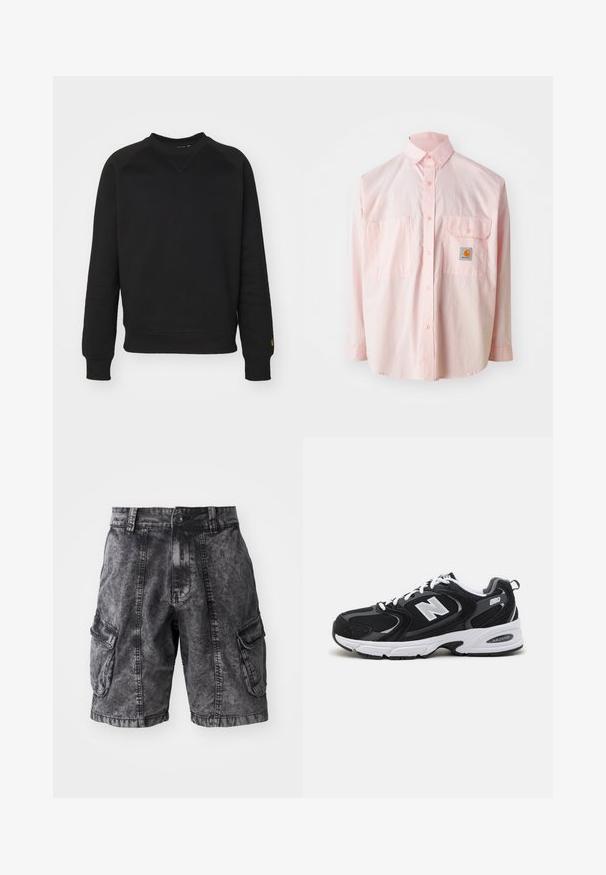 Sudadera de cuello redondo negra con mangas largas, puños acanalados y cinturilla. Presenta un detalle triangular cosido en el escote y un acento de logo.; Camisa de botones rosa claro con dos bolsillos en el pecho y una etiqueta de logo. Hecha de algodón, con cuello clásico y mangas largas.; Pantalones cortos cargo de mezclilla negra con textura desgastada, dos bolsillos laterales y cierre de botón. Hasta la rodilla con costuras reforzadas.; Zapatillas deportivas en negro y gris con parte superior de malla y ante, que cuentan con una entresuela blanca, cordones y un llamativo logo "N" en el lateral.