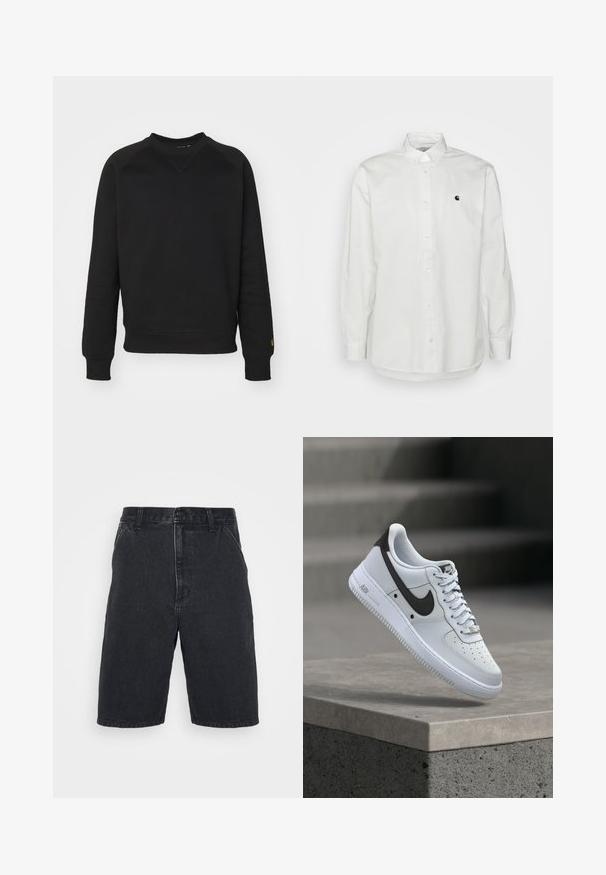 Zwarte crewneck sweatshirt met lange mouwen, geribbelde manchetten en tailleband. Bevat een driehoekig gestikt detail op de halslijn en een logoaccent.; Witte lange mouwen overhemd met knopen, gemaakt van katoen, met een klein zwart logo op de linkerkant van de borst en een klassieke kraag met knoopaccenten.; Zwarte denim shorts met een rechte snit, mid-rise tailleband, knoopsluiting aan de voorkant en zichtbare stikseldetails.; Witte Nike Air Force 1 sneaker met zwart swoosh-logo, zwevend boven een betonnen richel met vervaagde trappen op de achtergrond.